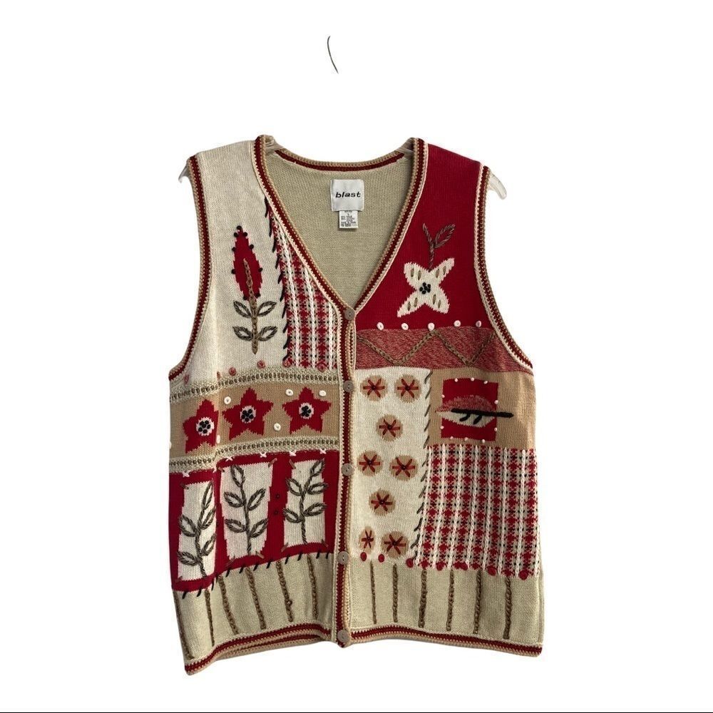 BLAST Christmas Sweater Vest,‎ Size Large Petite,Cream, Red & Tan, Stars & Trees